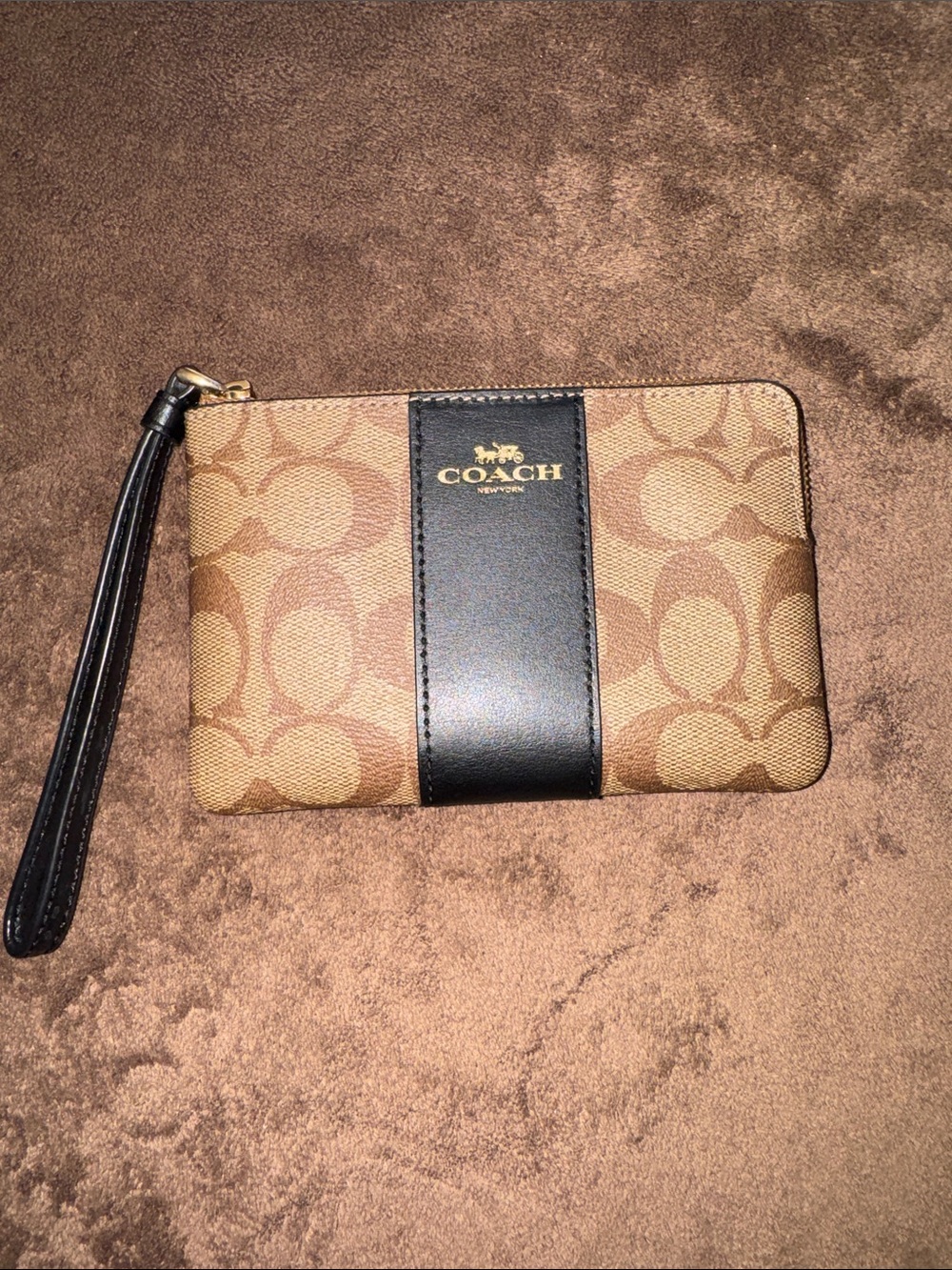 Coach Brown Signature Canvas Wristlet with Black Center Stripe
